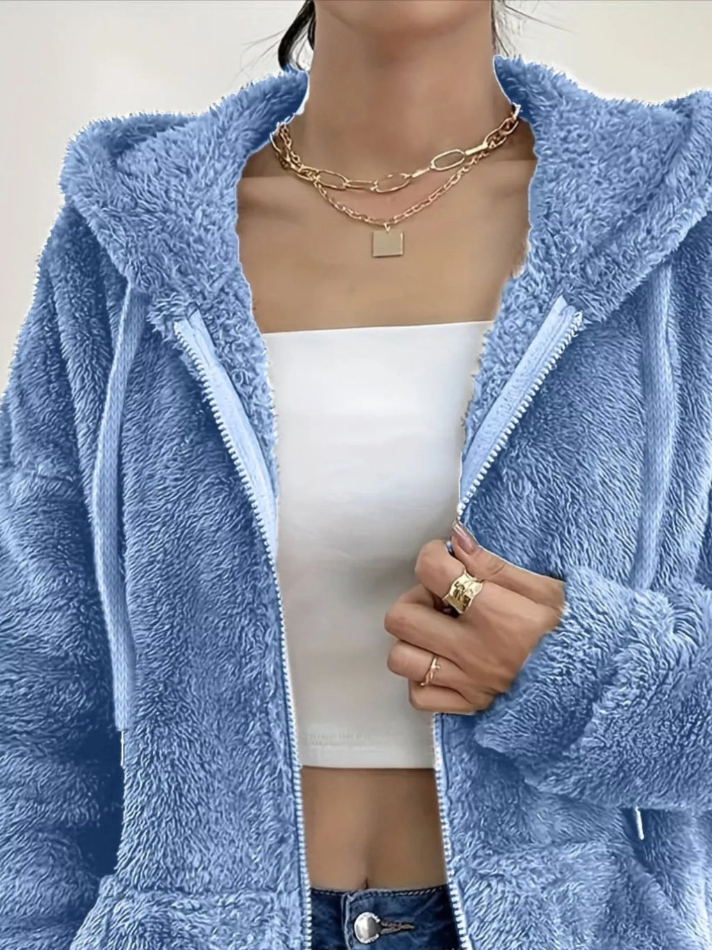 Sky blue fleece zip-up hoodie, open front view with visible zipper and hood