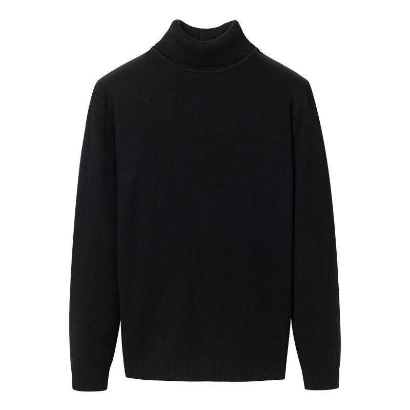 Mens black turtleneck sweater with ribbed collar and sleeve cuffs