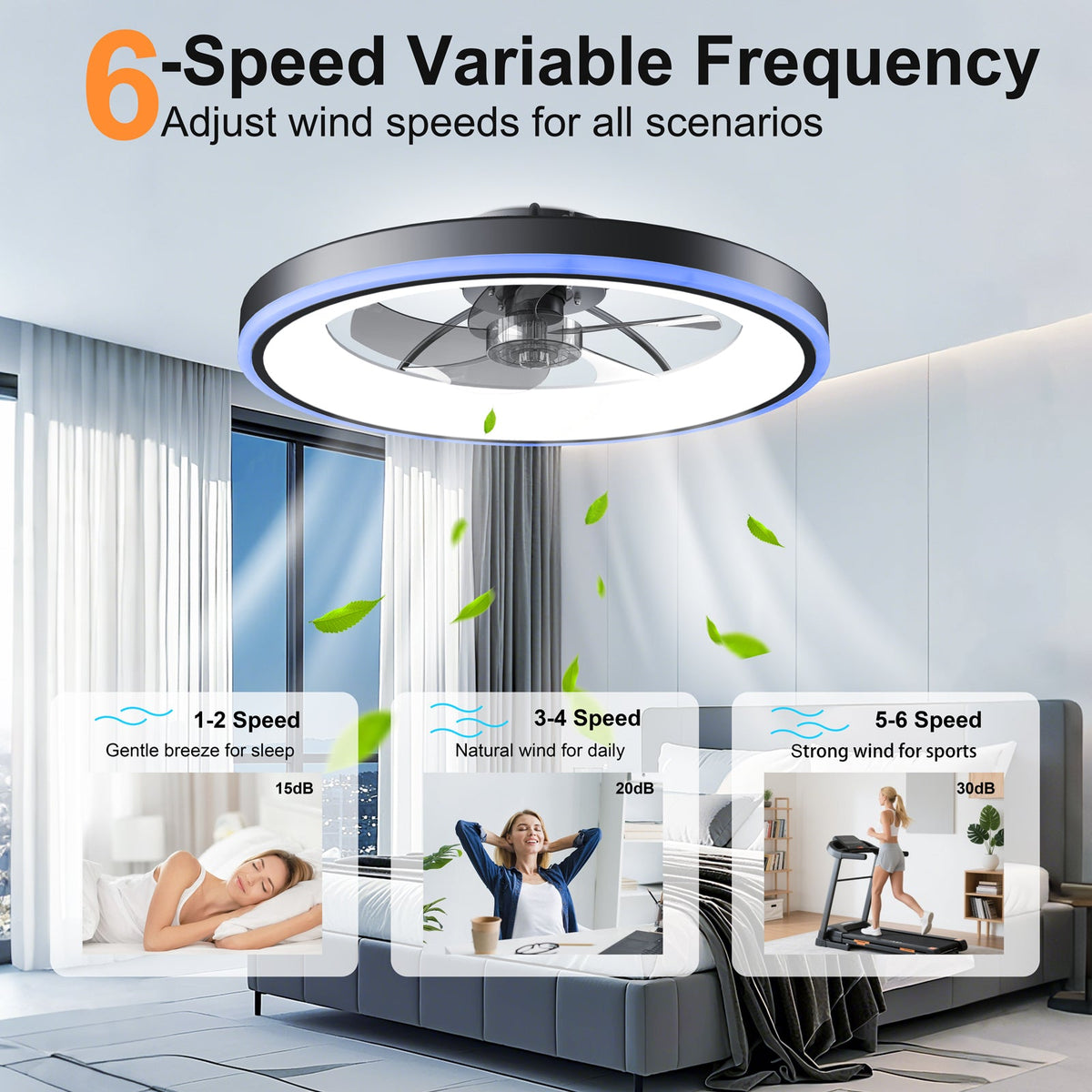 Six-speed black ceiling fan with a circular LED light and RGB edge
