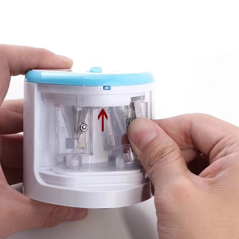 Blue two-hole electric pencil sharpener with open top showing blades inside