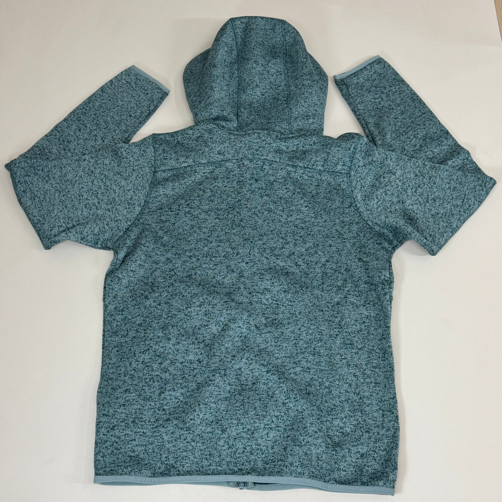 Men's teal heather fleece hooded jacket, back view