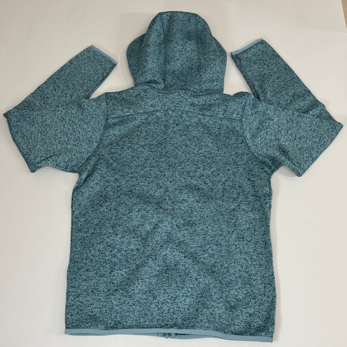 Men's teal heather fleece hooded jacket, back view