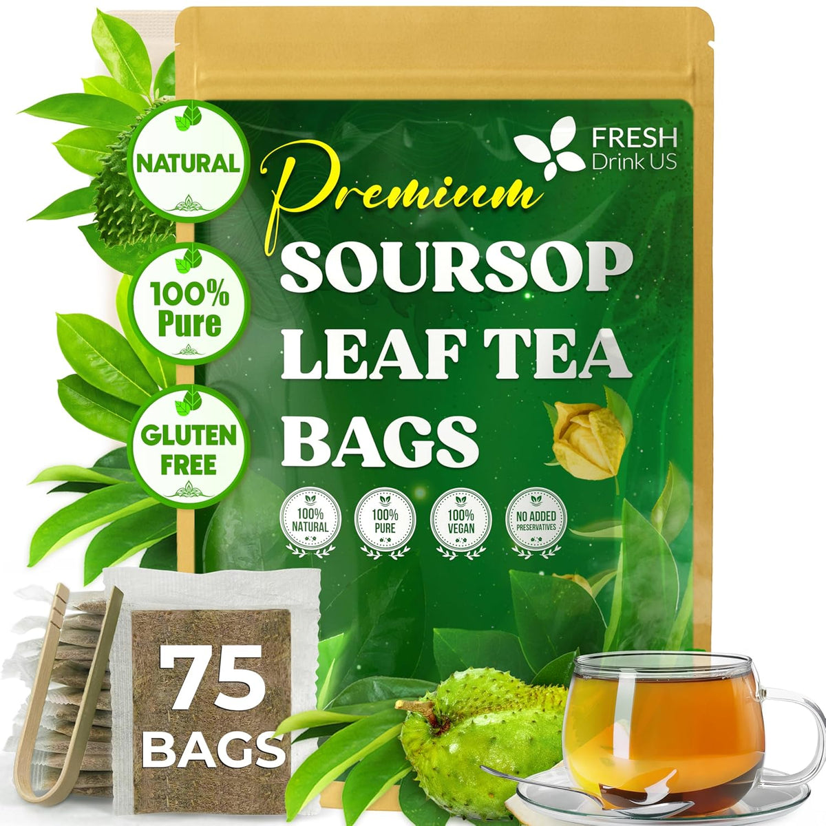 Premium soursop leaf tea bags pouch, 75 bags; gluten-free
