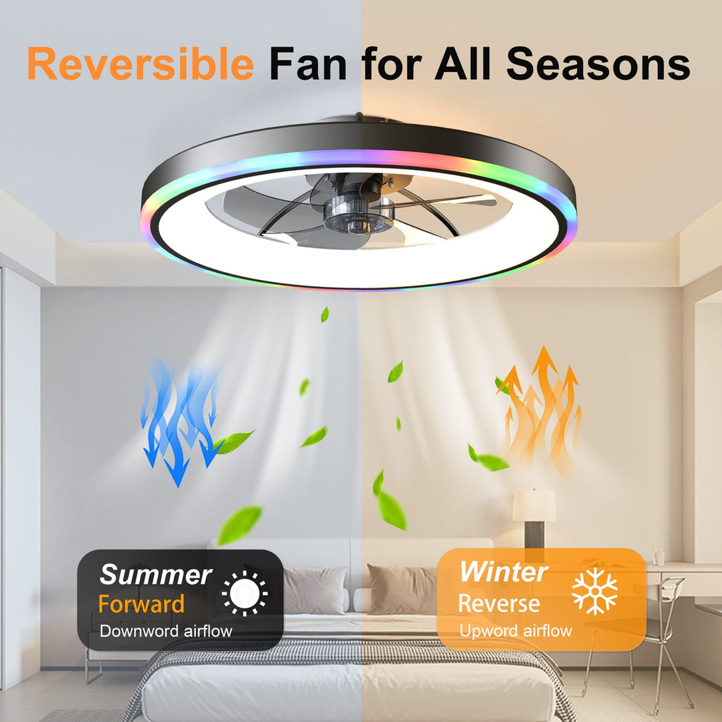 Reversible black ceiling fan with circular LED light and multicolor trim