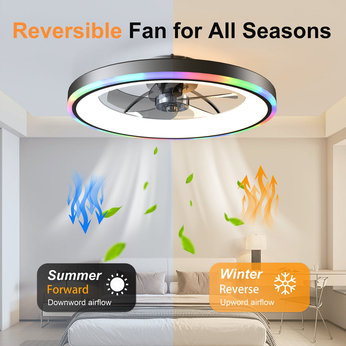Reversible black ceiling fan with circular LED light and multicolor trim