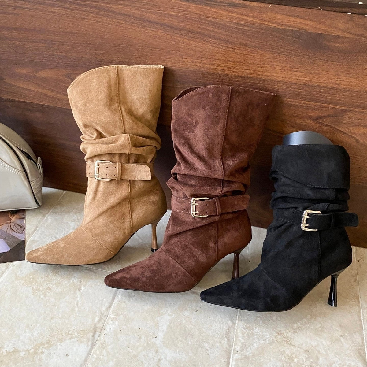 Suede mid-calf boots with pointed toe and buckle straps in beige, brown, and black