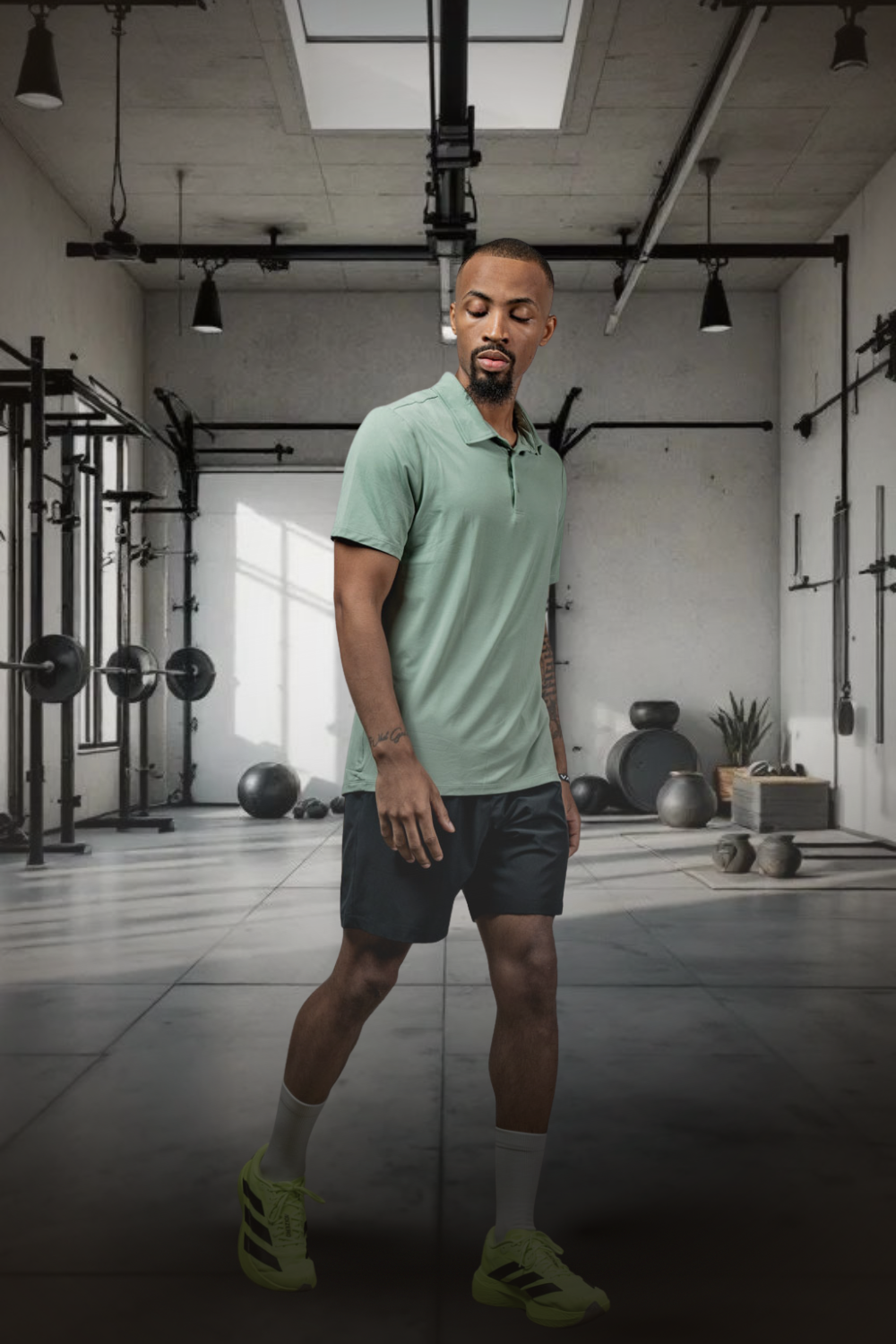 Men's low-light olive polo shirt with short sleeves and three-button placket.
