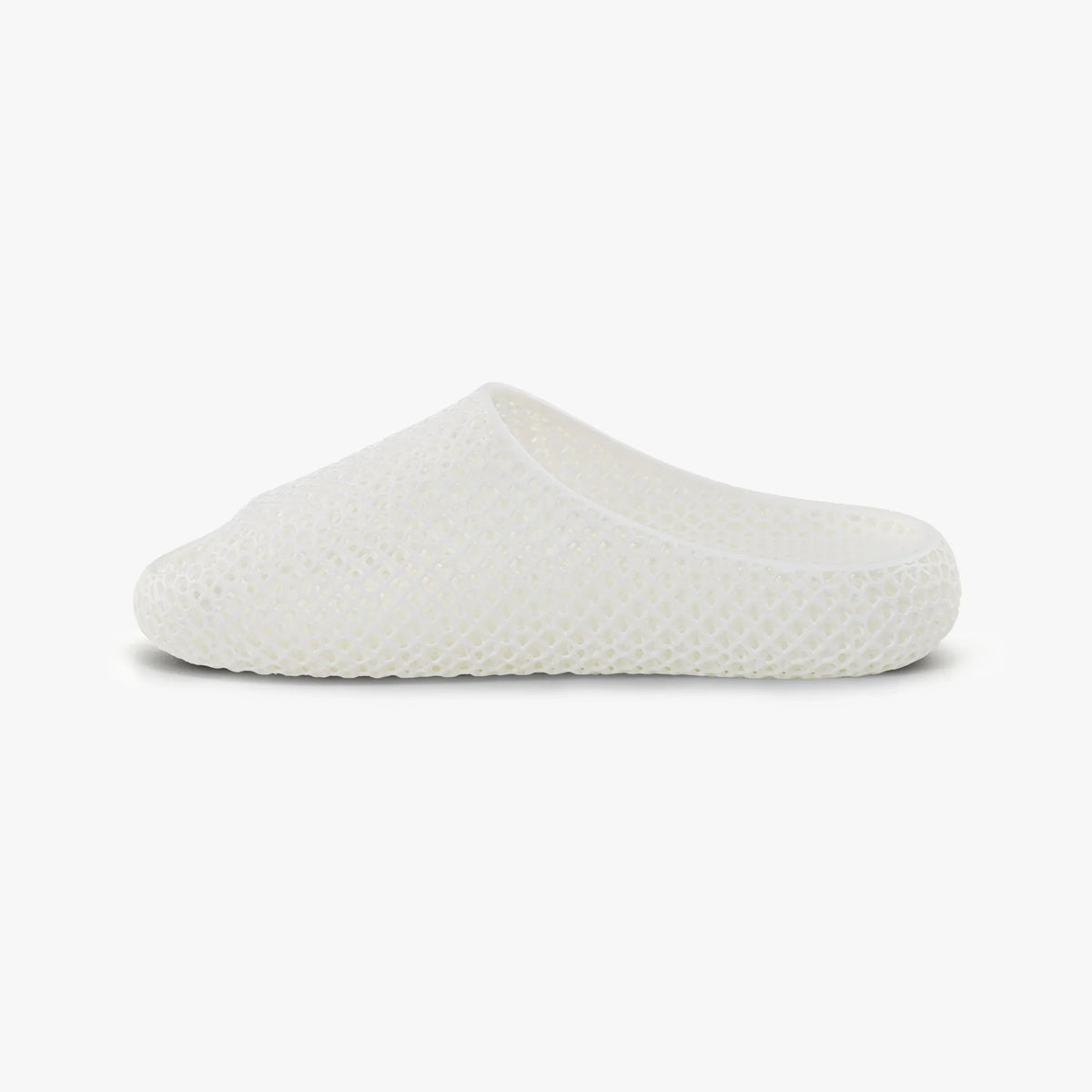 White 3D-printed mesh slip-on slipper with low-profile sole and tapered toe.