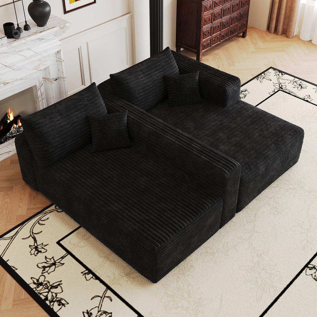 Plush corduroy sectional sofa with chaise seat and square throw pillows