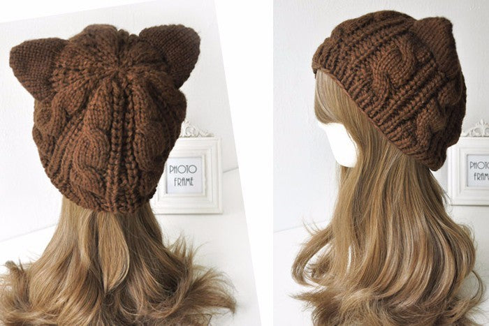 Women’s knitted cat-ear beanie hat, chocolate brown with cable-knit texture