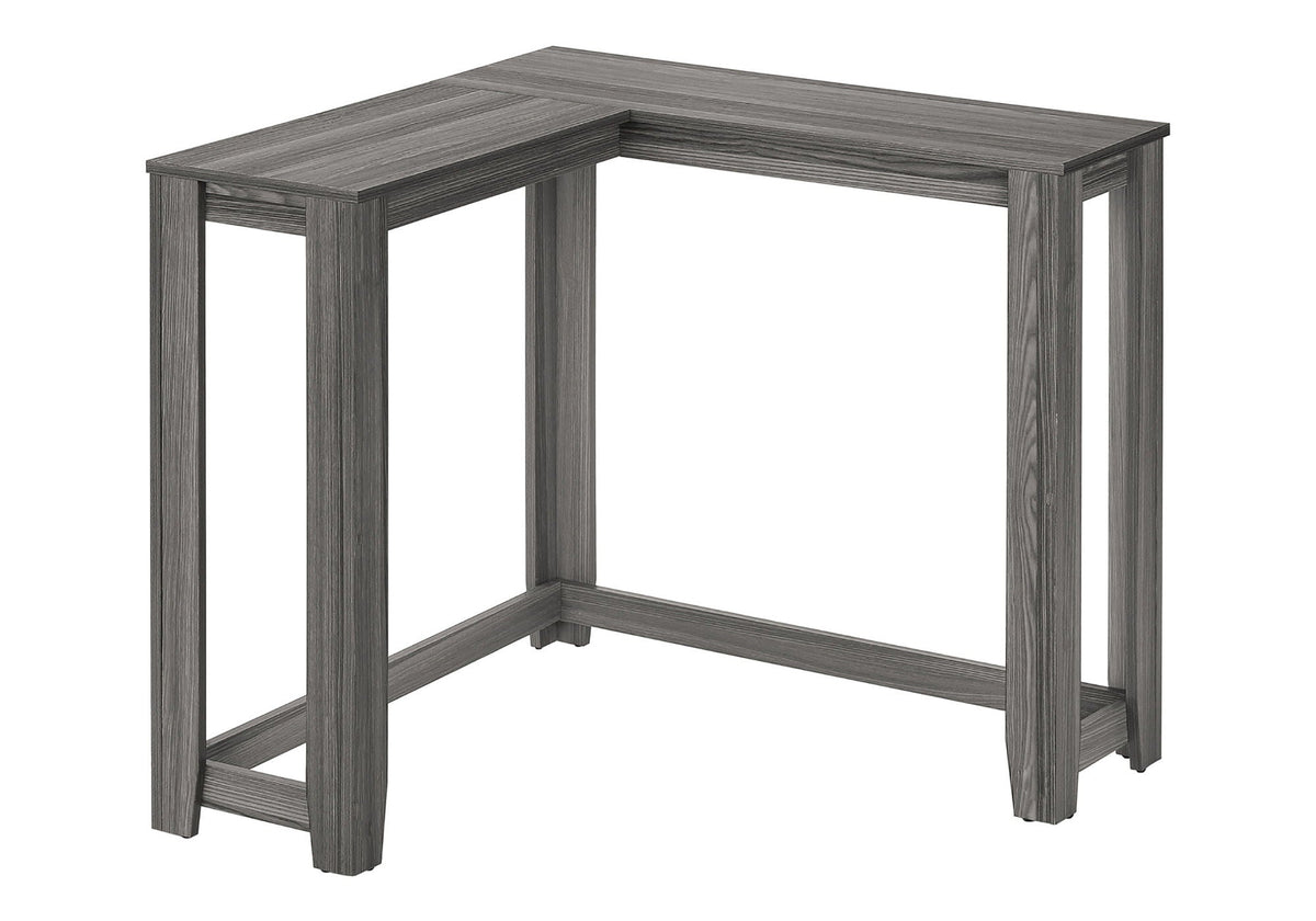 Gray corner accent console table with open triangular corner and vertical corner supports