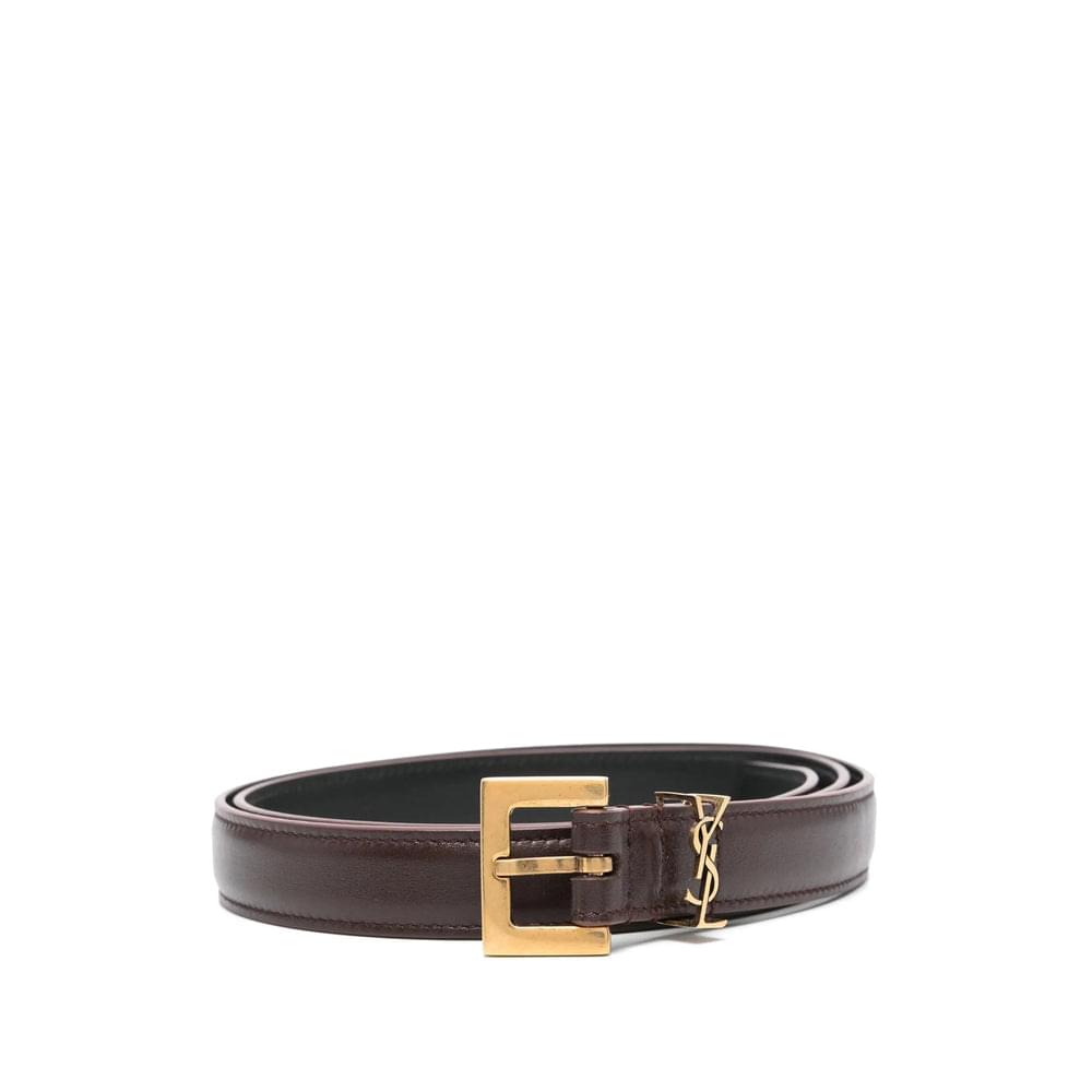 Women’s Saint Laurent belt with square gold buckle and dark leather strap