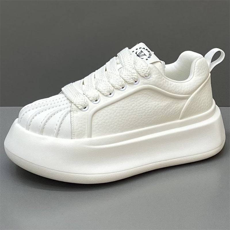 Leather shell-toe low-top sneakers, white with thick sole and lace-up upper