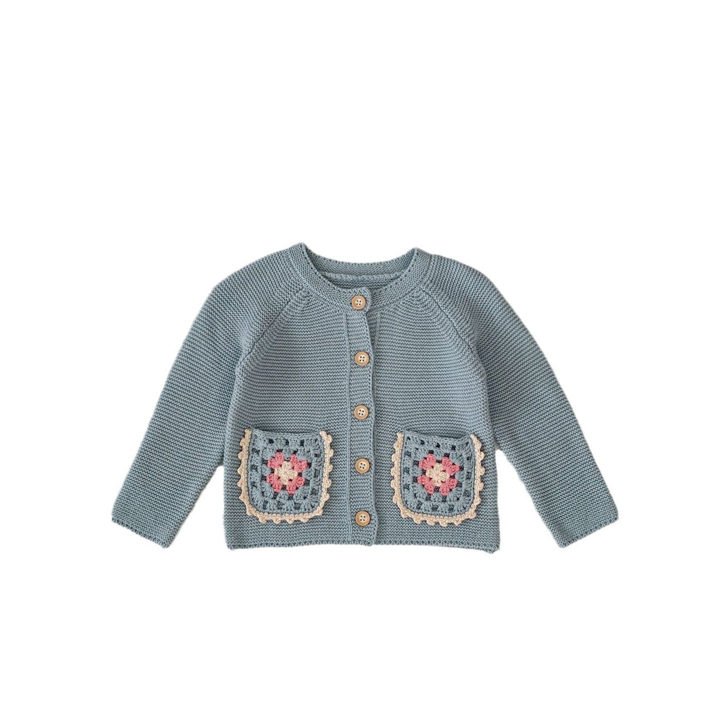 Smokey blue knit sweater cardigan, round neck, button placket, crochet flower pocket panels