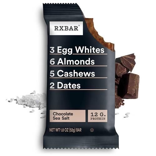 RXBAR Chocolate Sea Salt protein bar on white background, wrapper with ingredients highlights