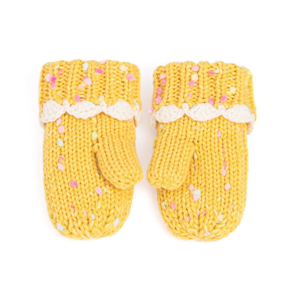 Yellow knit mittens with white ruffled cuffs and pink sprinkle details, pair view.