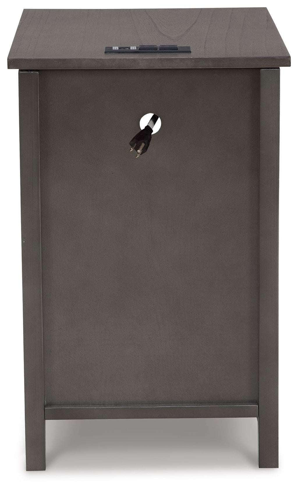 Chair side end table in dark gray wood with keyhole lock opening on front