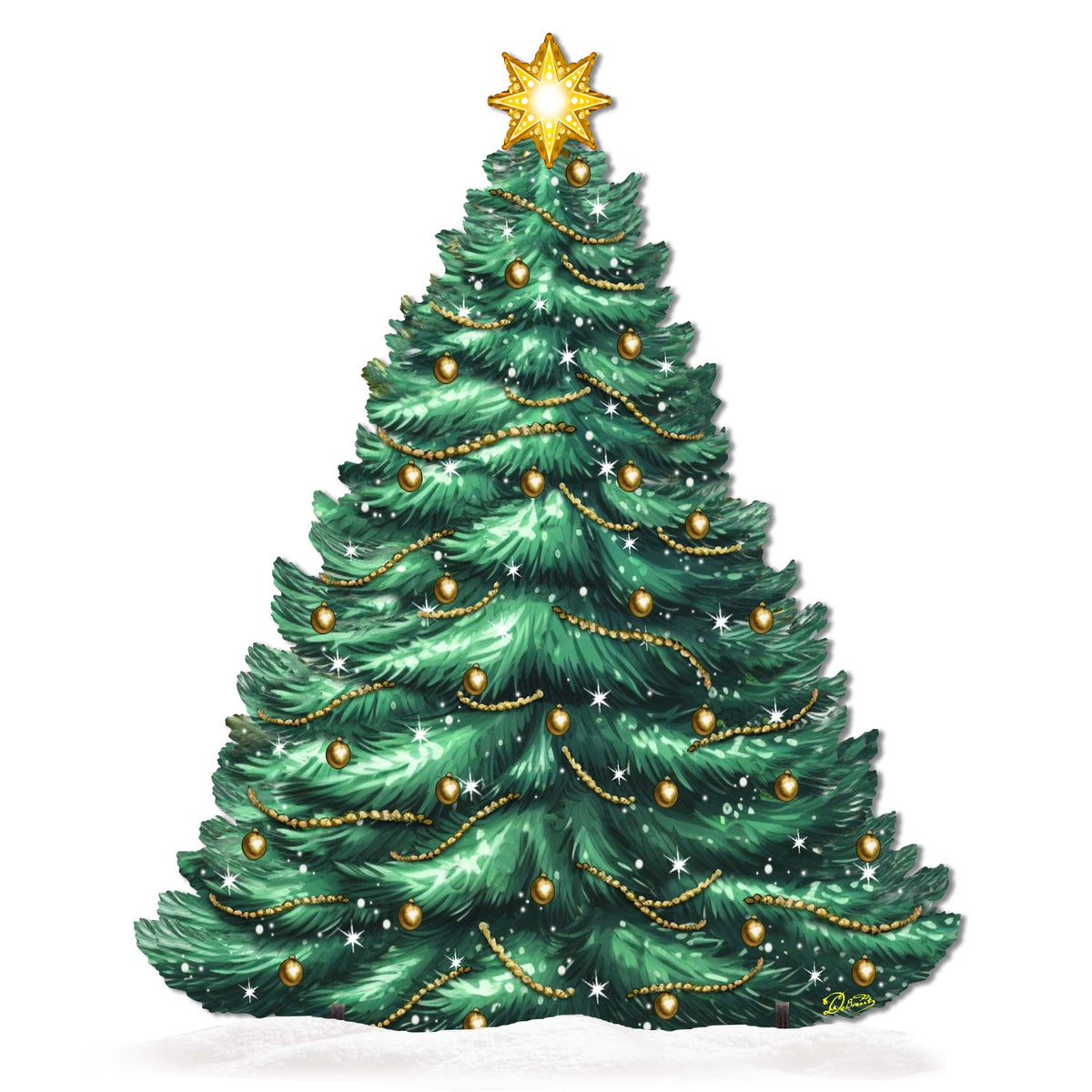 Green wooden Christmas tree decoration with gold lights and star topper, front view