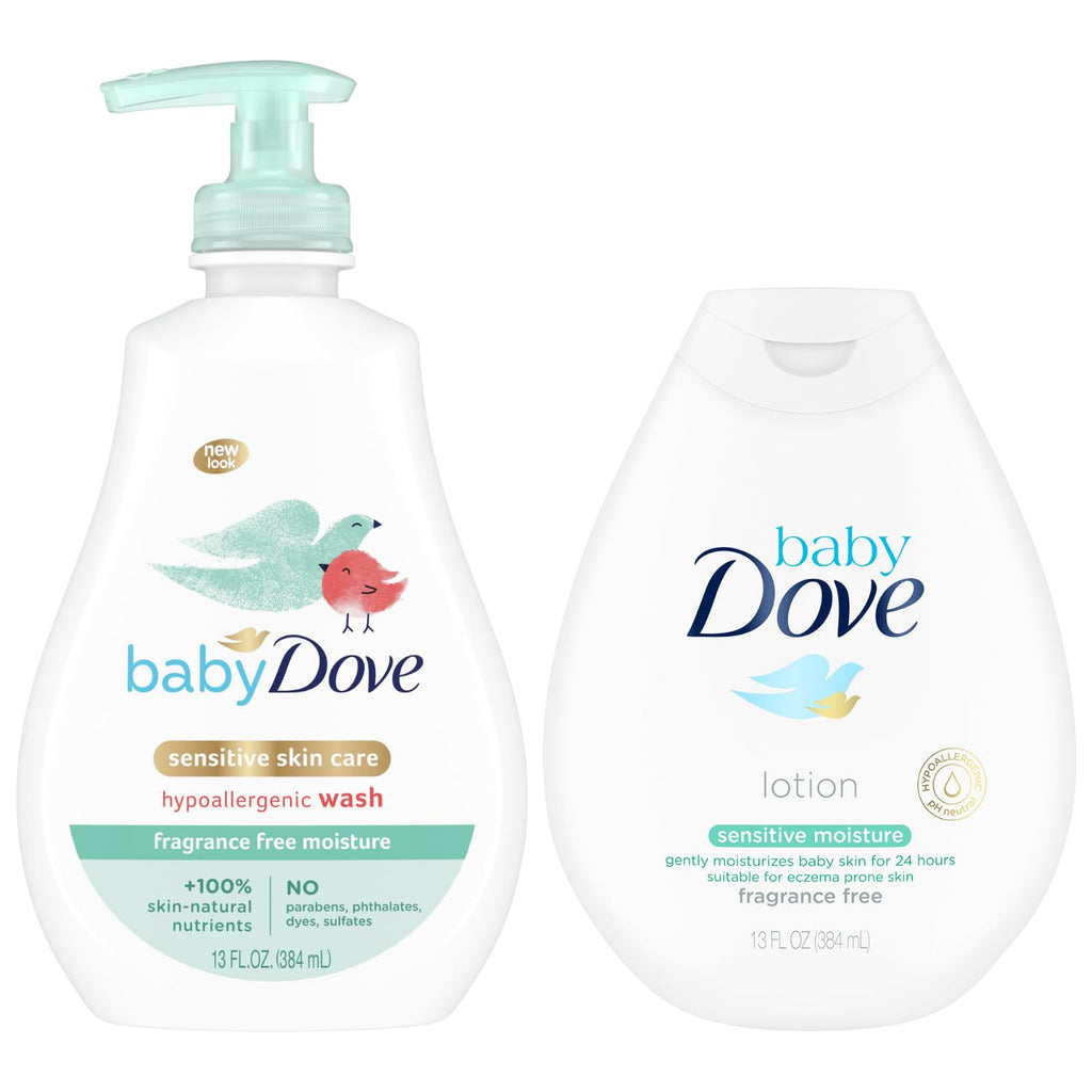Baby Dove fragrance-free wash (pump) & lotion (flip-top) set, 2 bottles, 13 oz each