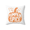 White square throw pillow with orange pumpkin spice typography graphic