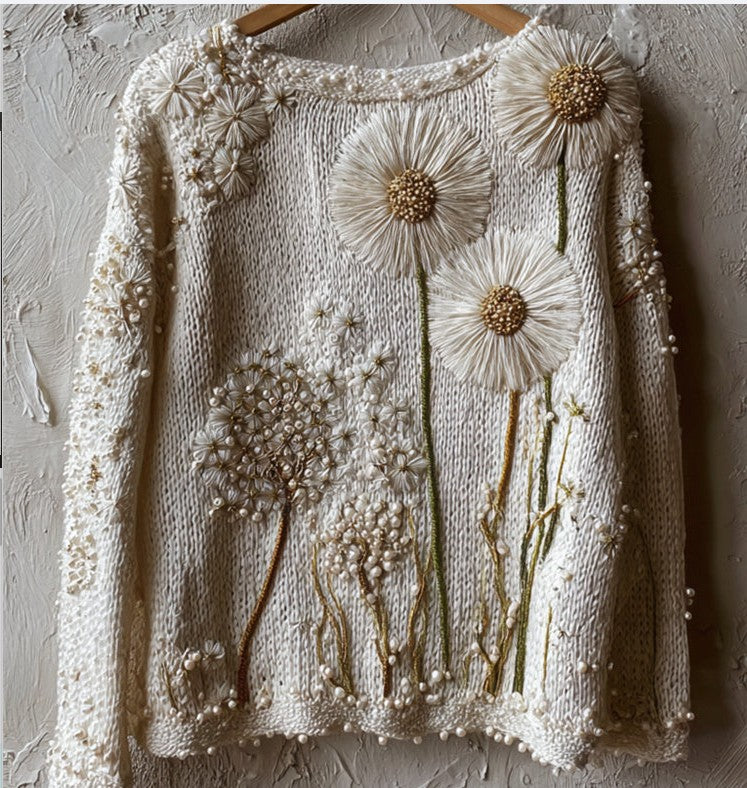 Beige embroidered knit sweater with floral and pearl details