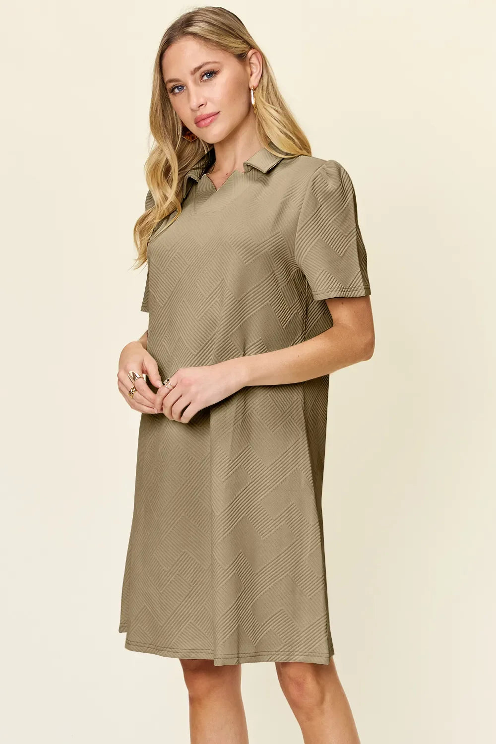 Khaki textured collared short-sleeve dress, relaxed shift silhouette with seam details
