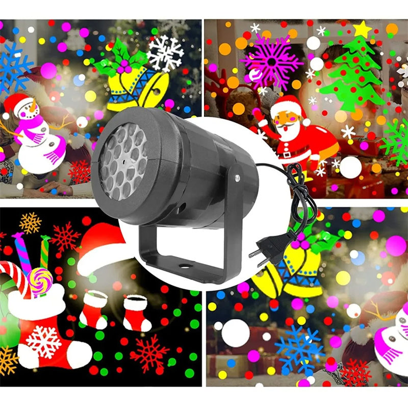 Black LED projector light with front lens projecting rotating snowman and snowflake patterns