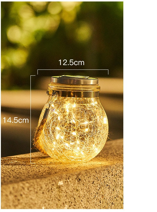 Crackle glass jar light with gold cap, warm glow, size diagram