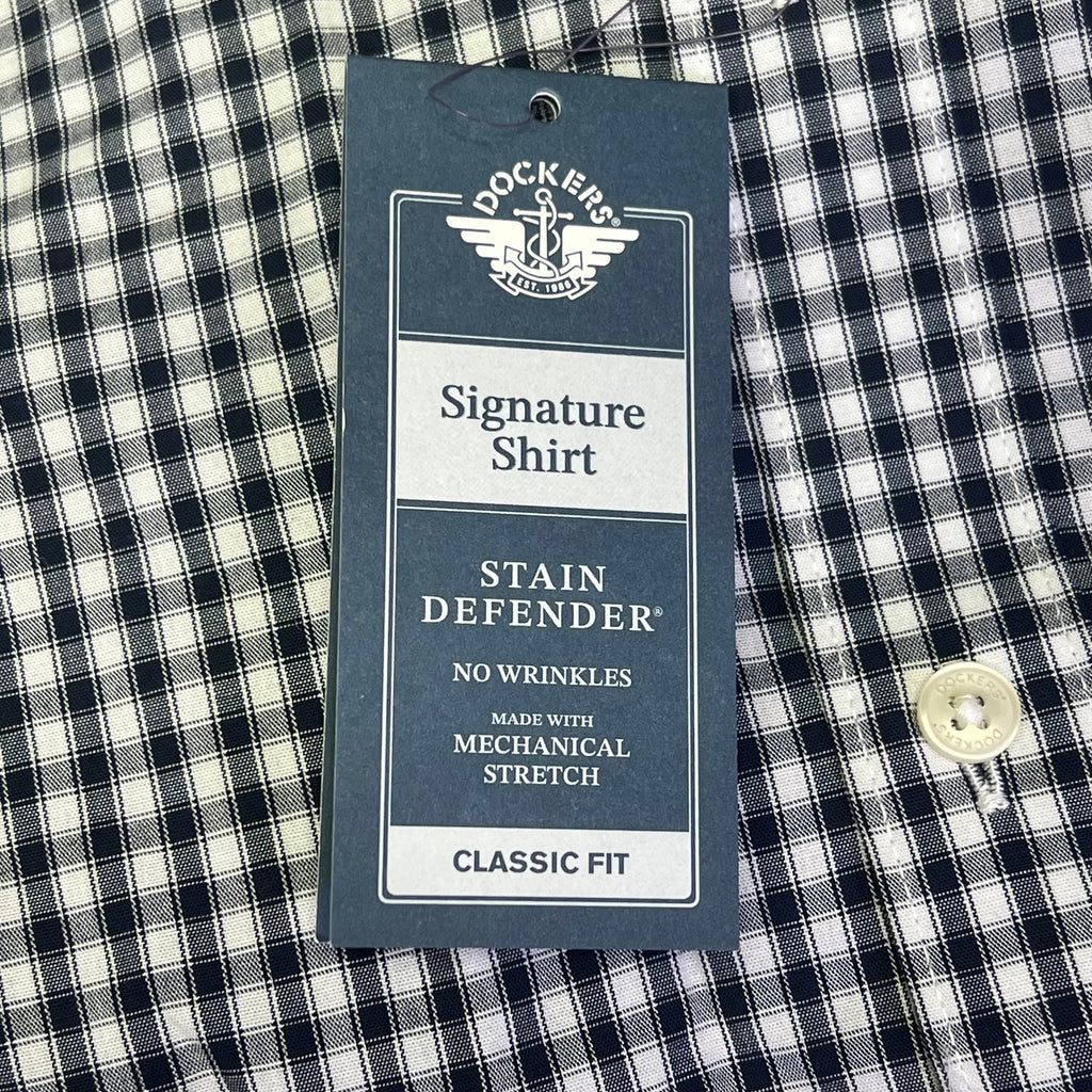 Dockers Signature Stain Defender shirt label on checkered button-up shirt