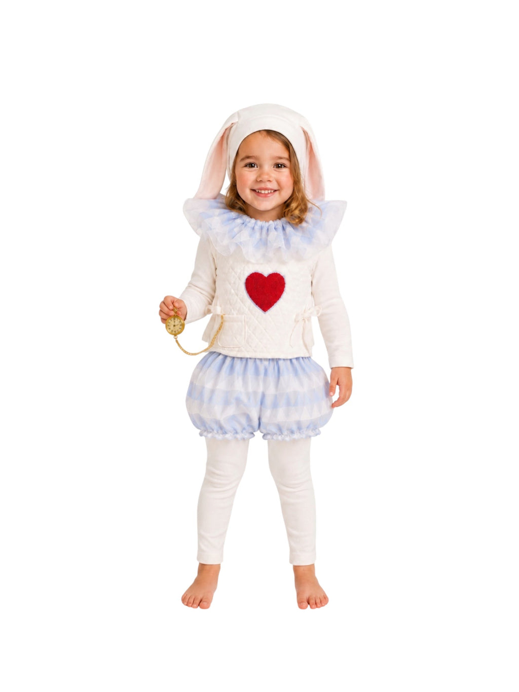 White rabbit-style toddler costume with hooded bunny ears and red heart chest