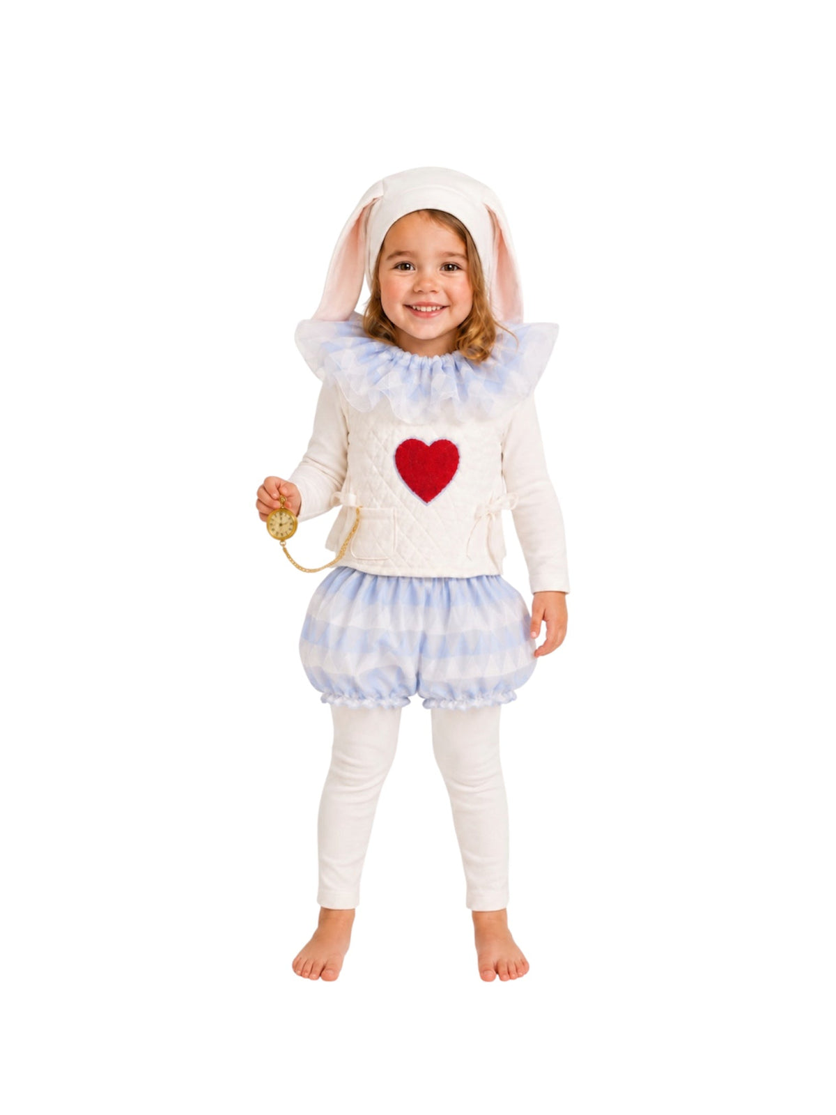 White rabbit-style toddler costume with hooded bunny ears and red heart chest