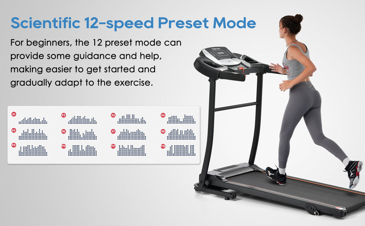 Black folding treadmill with console and running deck, preset mode panel