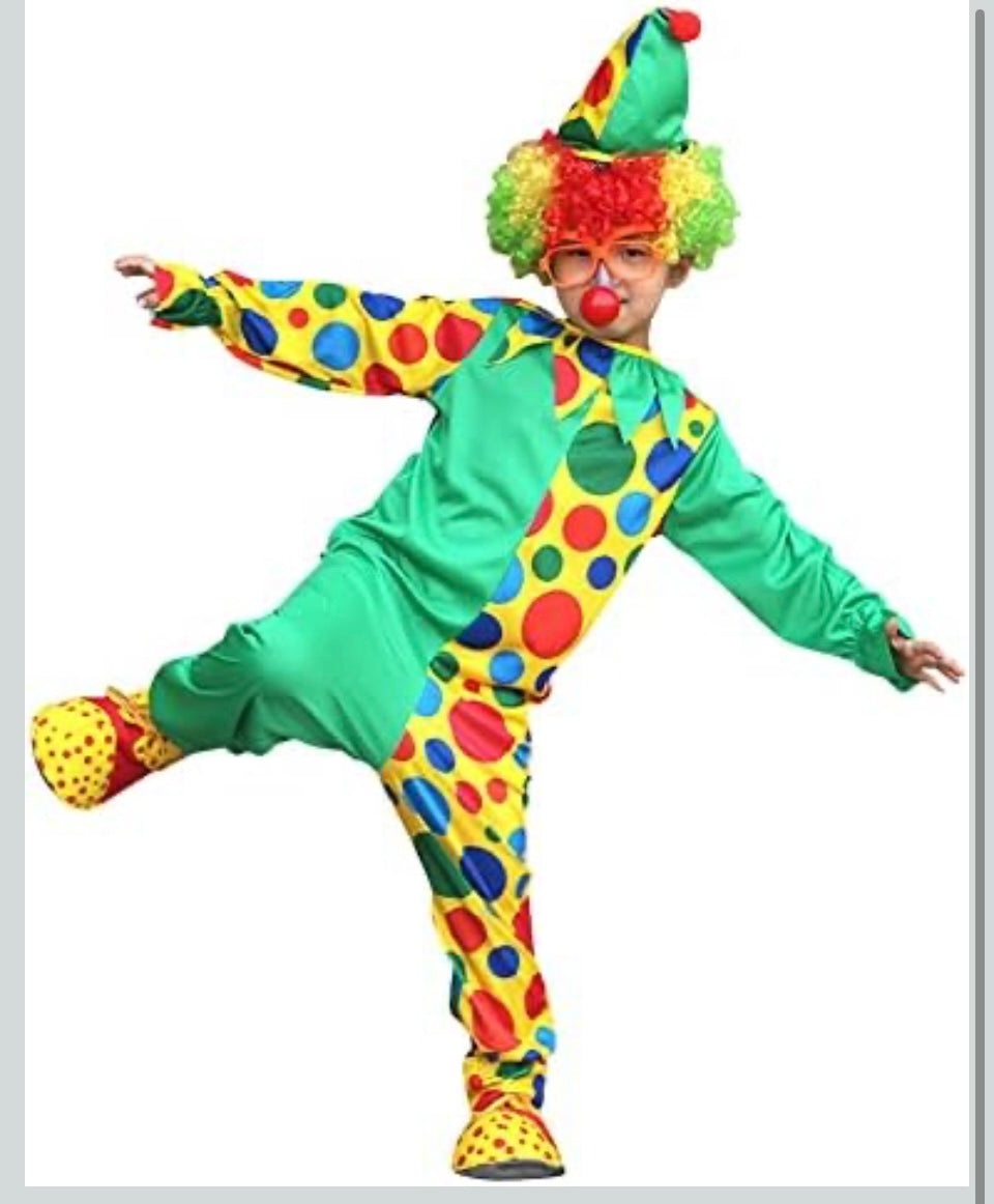 Kids clown costume with green tunic, multicolor polka dots and matching jester hat