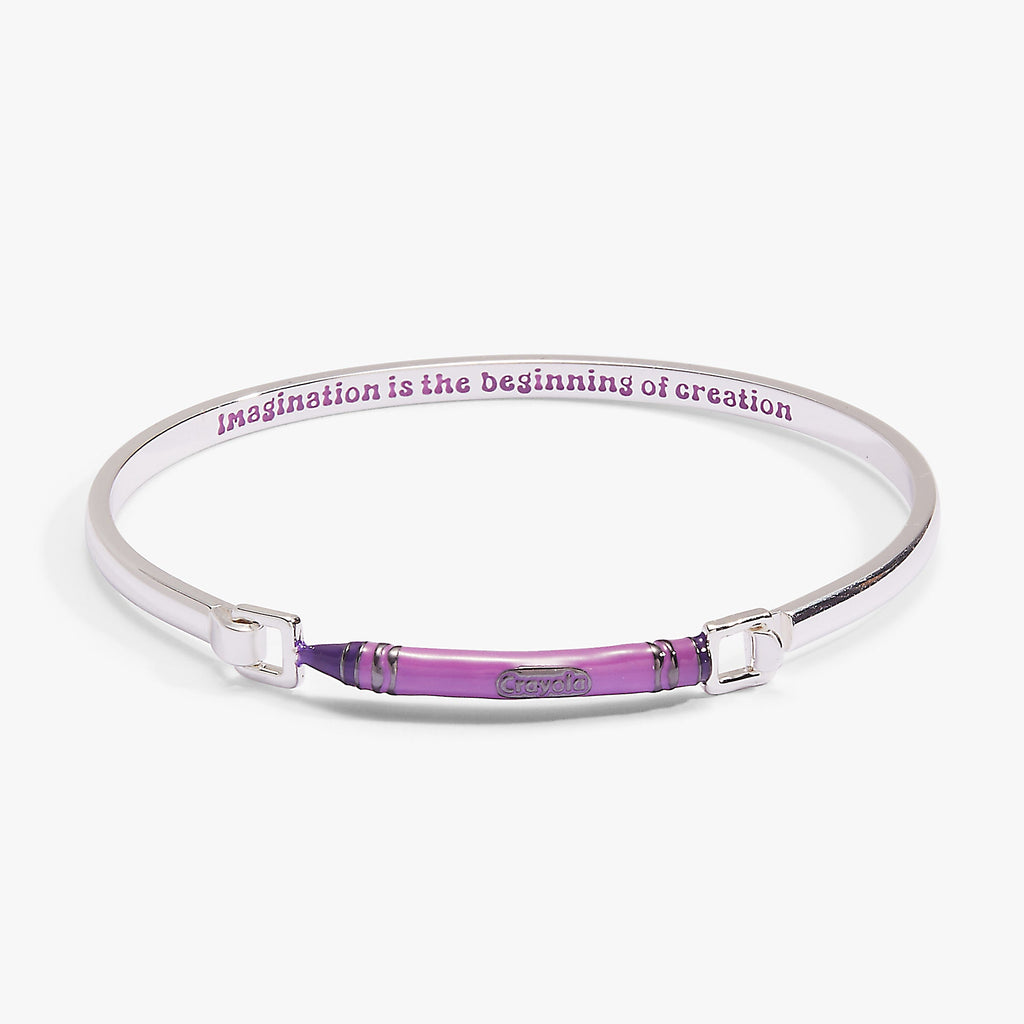 Silver-tone tension bangle with purple crayon-style center and engraved slogan across band