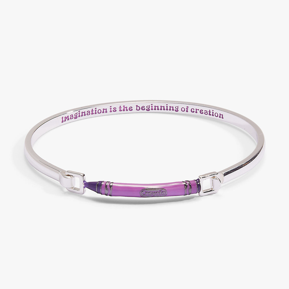Silver-tone tension bangle with purple crayon-style center and engraved slogan across band