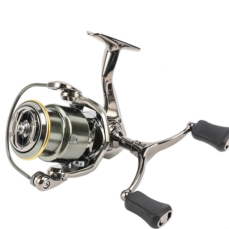 Chrome spinning fishing reel with black handle grips, bail arm, and gold spool ring.