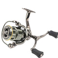 Chrome spinning fishing reel with black handle grips, bail arm, and gold spool ring.