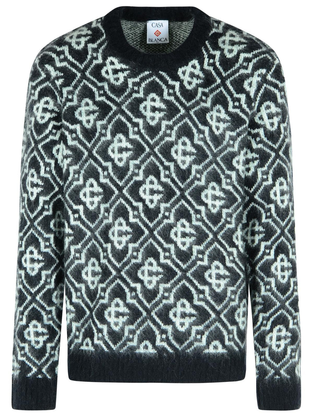 Men's black mohair-blend sweater with monogram geometric pattern, crew neck, long sleeves