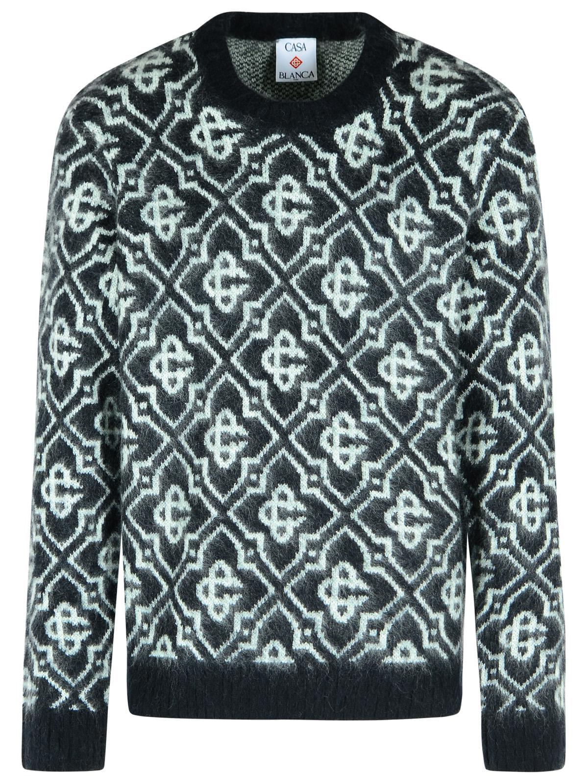 Men's black mohair-blend sweater with monogram geometric pattern, crew neck, long sleeves