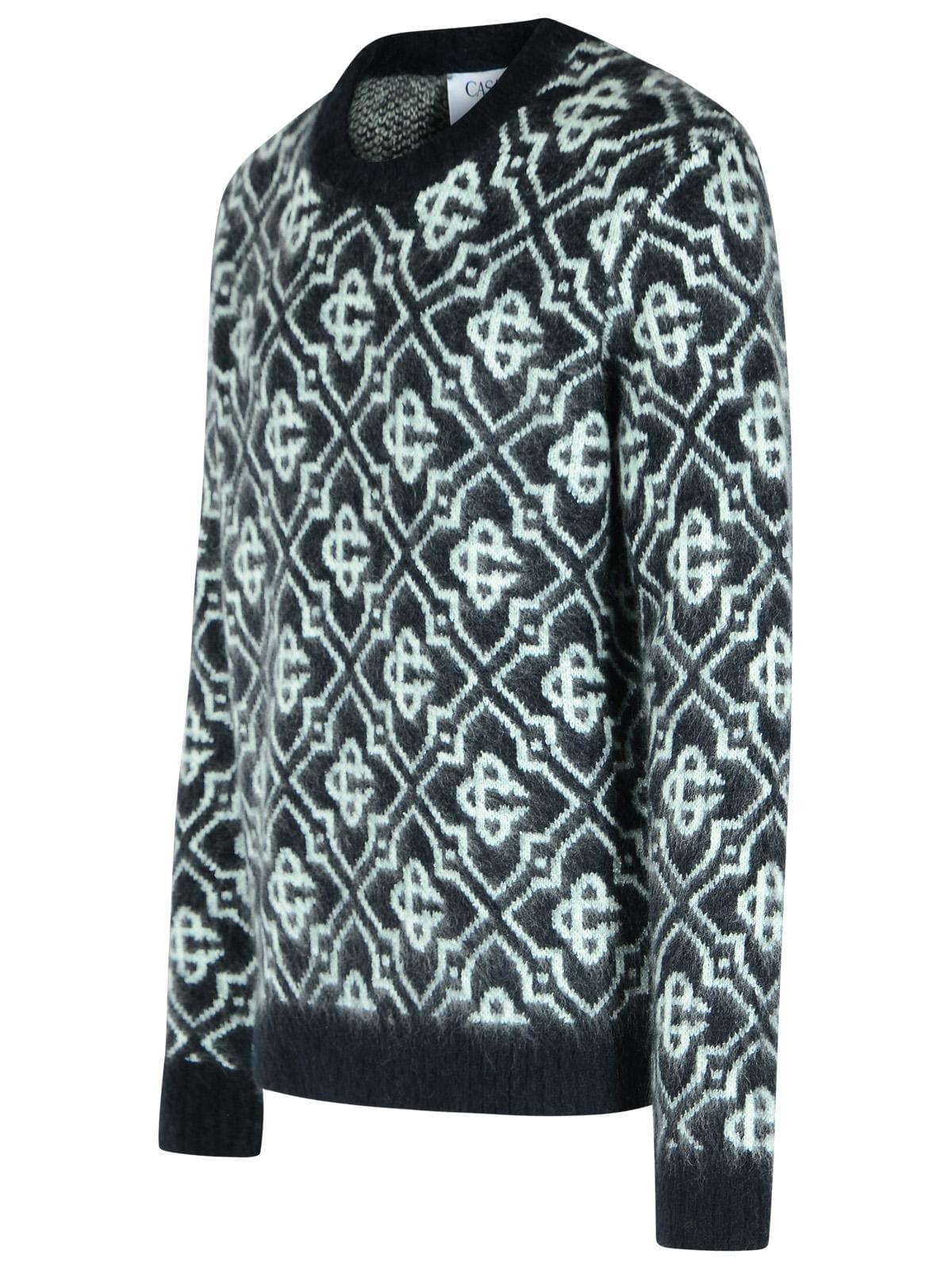 Men's black mohair-blend sweater with monogram geometric pattern; crew neck, long sleeves