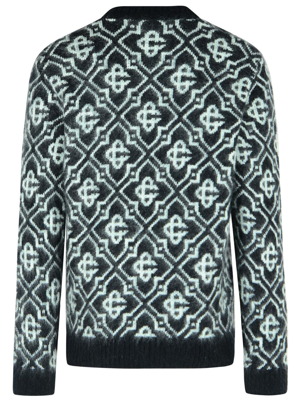Men's black mohair-blend sweater back with monogram geometric pattern; crew neck, long sleeves