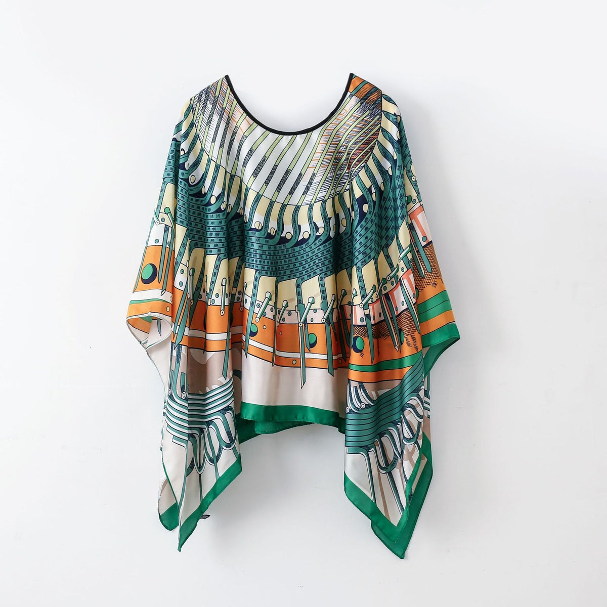 Teal and orange graphic printed pullover shawl cover-up with draped open sides