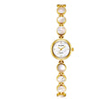 Gold watch bracelet with pink opal oval links and round white dial