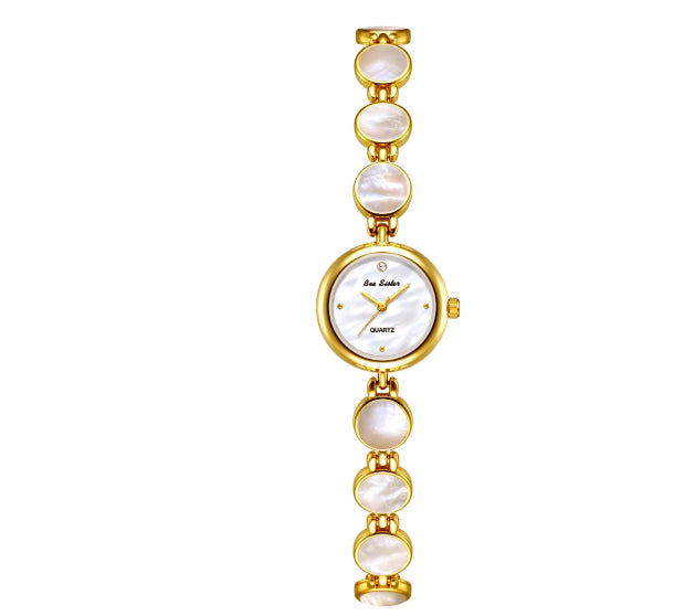 Gold watch bracelet with pink opal oval links and round white dial