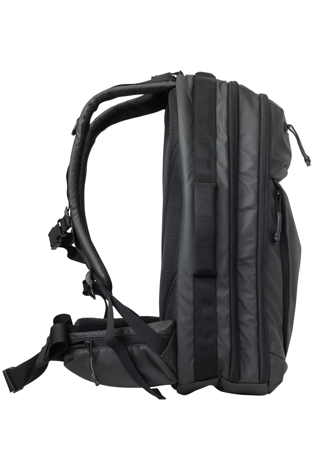 Black backpack with padded back panel and side accessory compartments