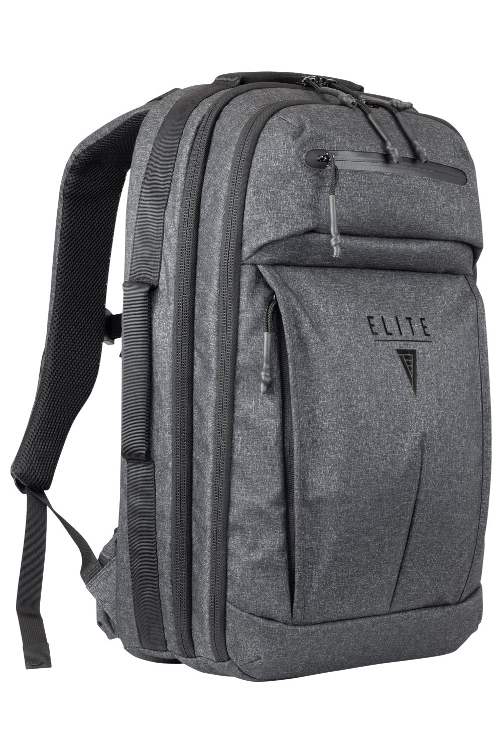 Heather gray backpack with front organizer pocket and adjustable shoulder strap