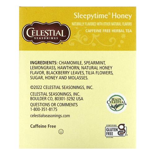 Herbal tea box back panel with ingredients list and gluten-free certification