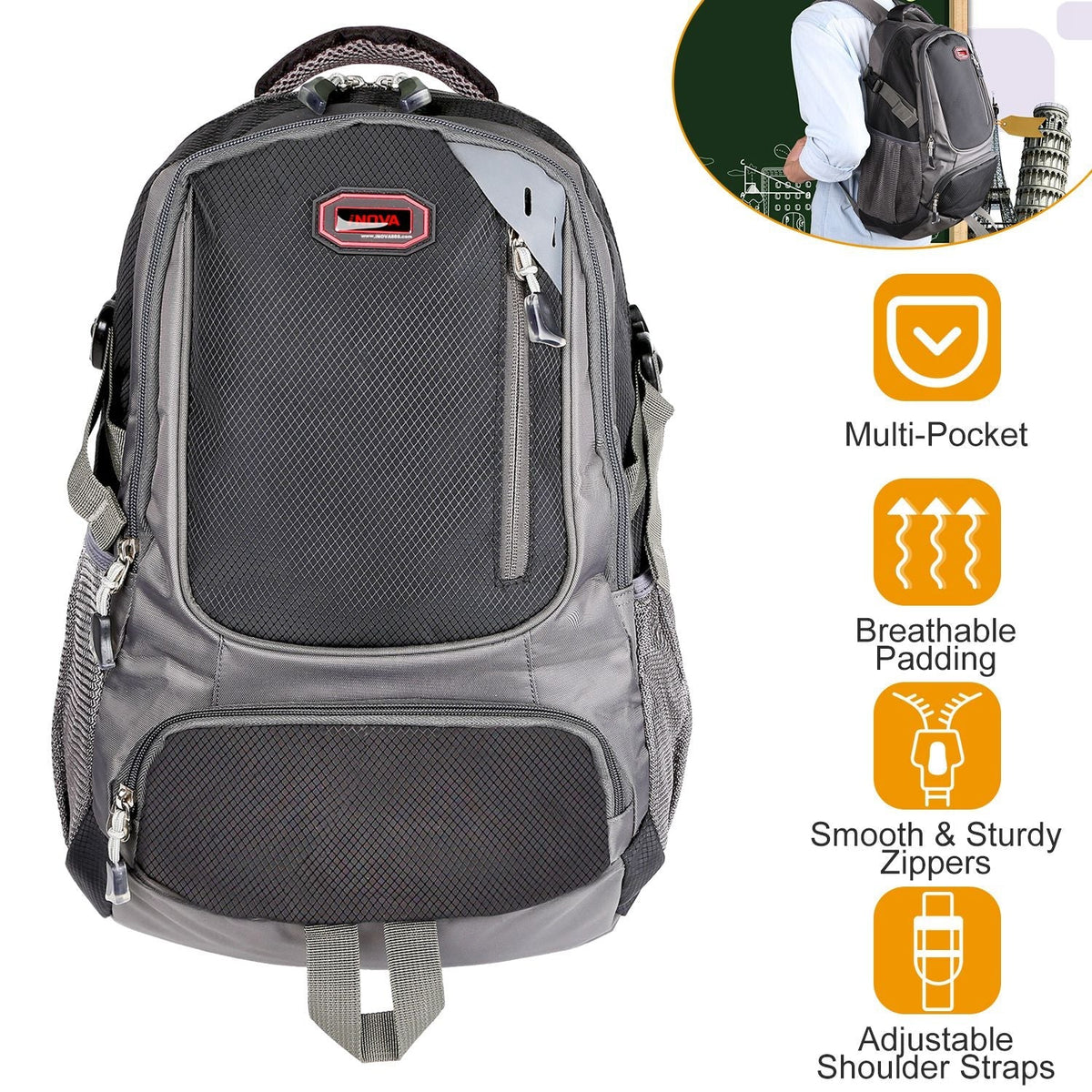 Gray multi-pocket backpack with front organizer panel, top handle, and adjustable shoulder straps
