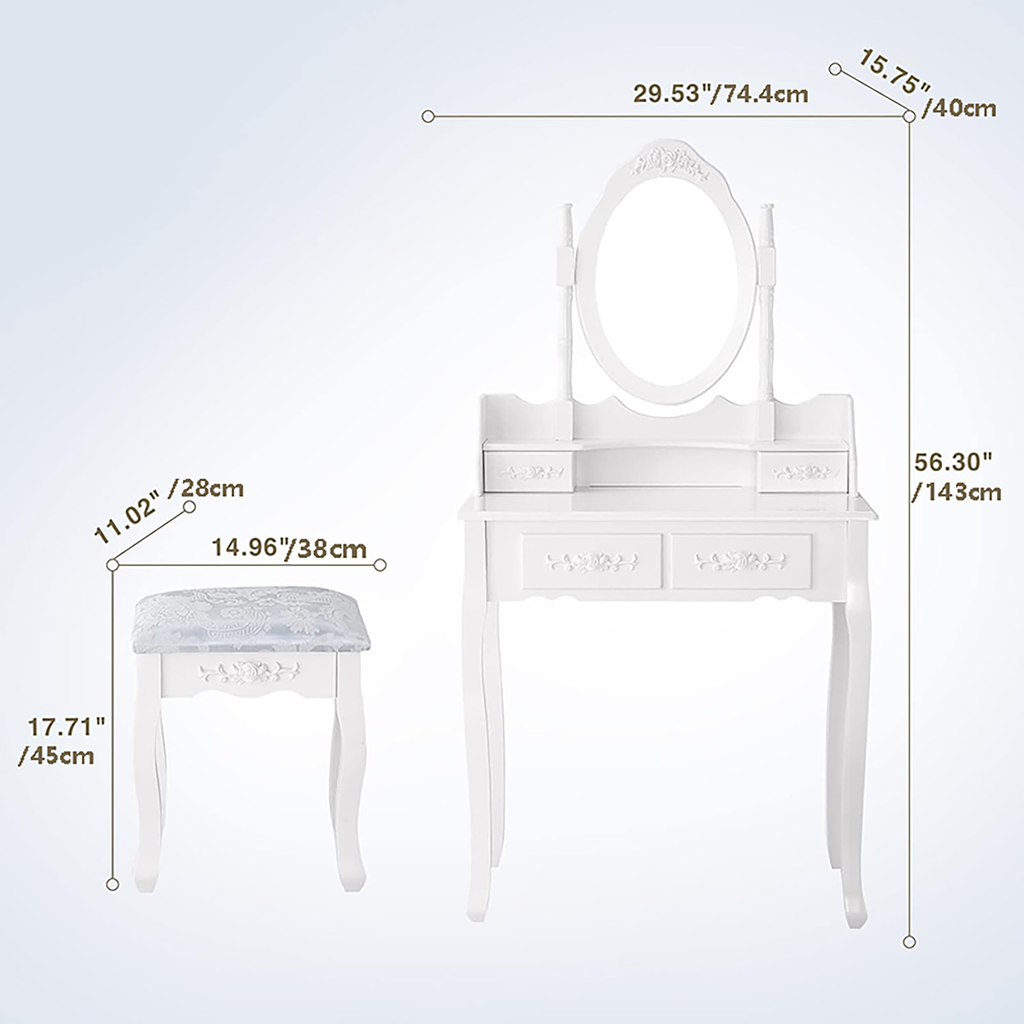 White vanity table with oval mirror and 4 drawers, paired with cushioned stool