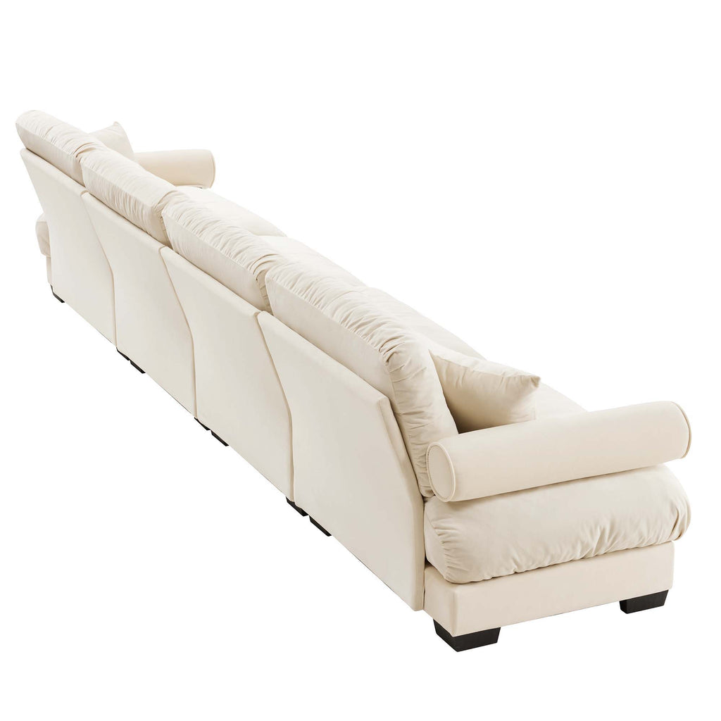 Beige modular sectional sofa with deep seat, L-shape, rolled arm, cushioned back